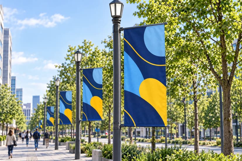Visualisation: large Avenue XL banners on the light poles of a boulevard