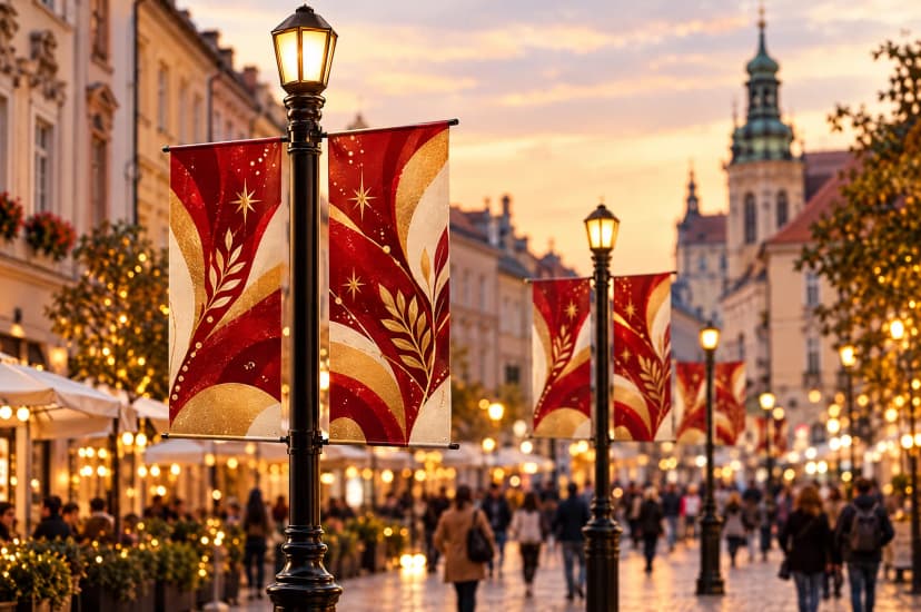 Visualisation: double Avenue street banners on the lamp posts of a pedestrian street