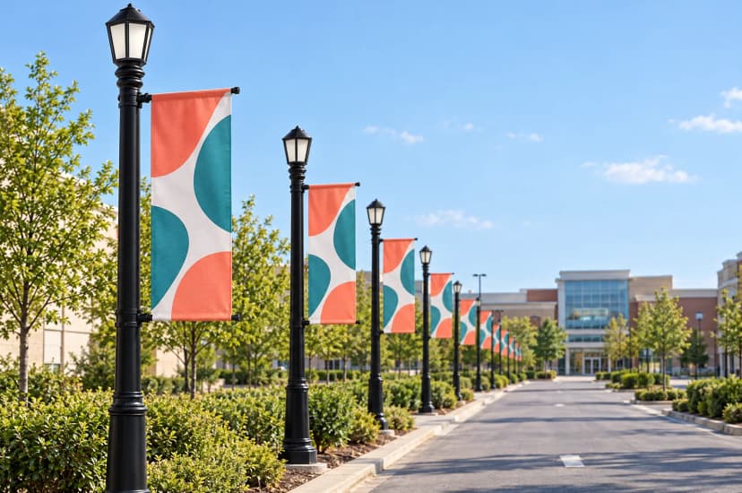 Visualisation: Avenue street banners on lamp posts along a shopping centre car park lane