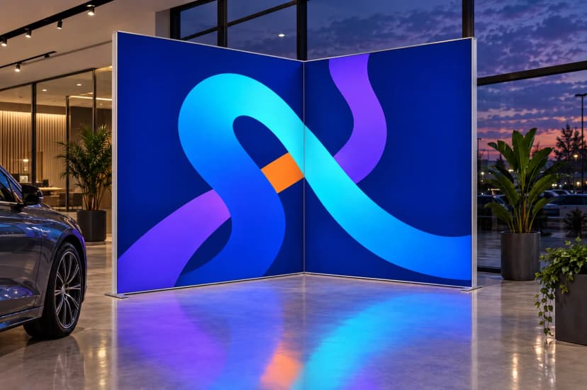 Visualisation: two LED Backlight walls joined with a 90° connector in a showroom