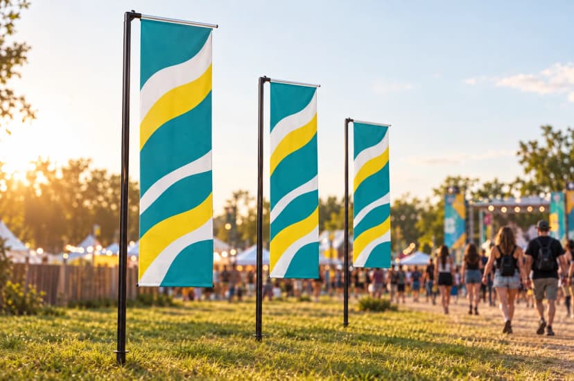 Visualisation: three Beachflag H flags at a festival entrance