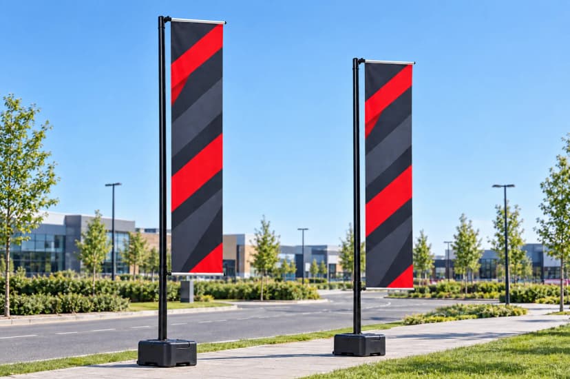 Visualisation: two 430 cm Beachflag H flags on water tanks at a retail park entrance