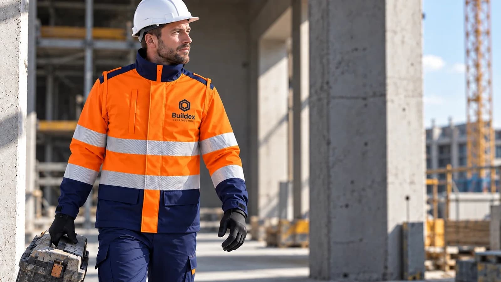 Construction worker in a jacket with a company logo – branded workwear with print