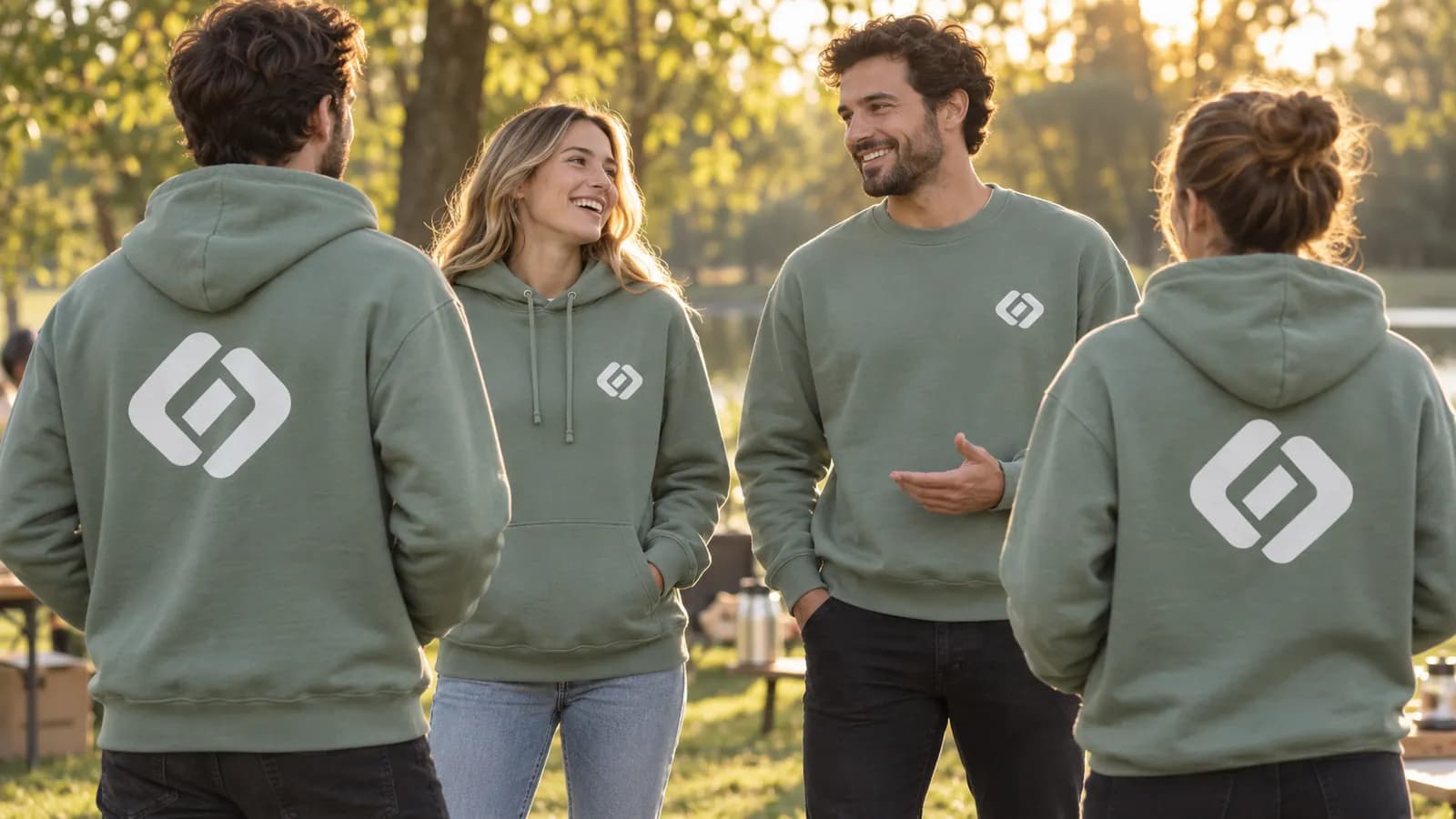 Team at a company event in green sweatshirts with a large logo print on the back