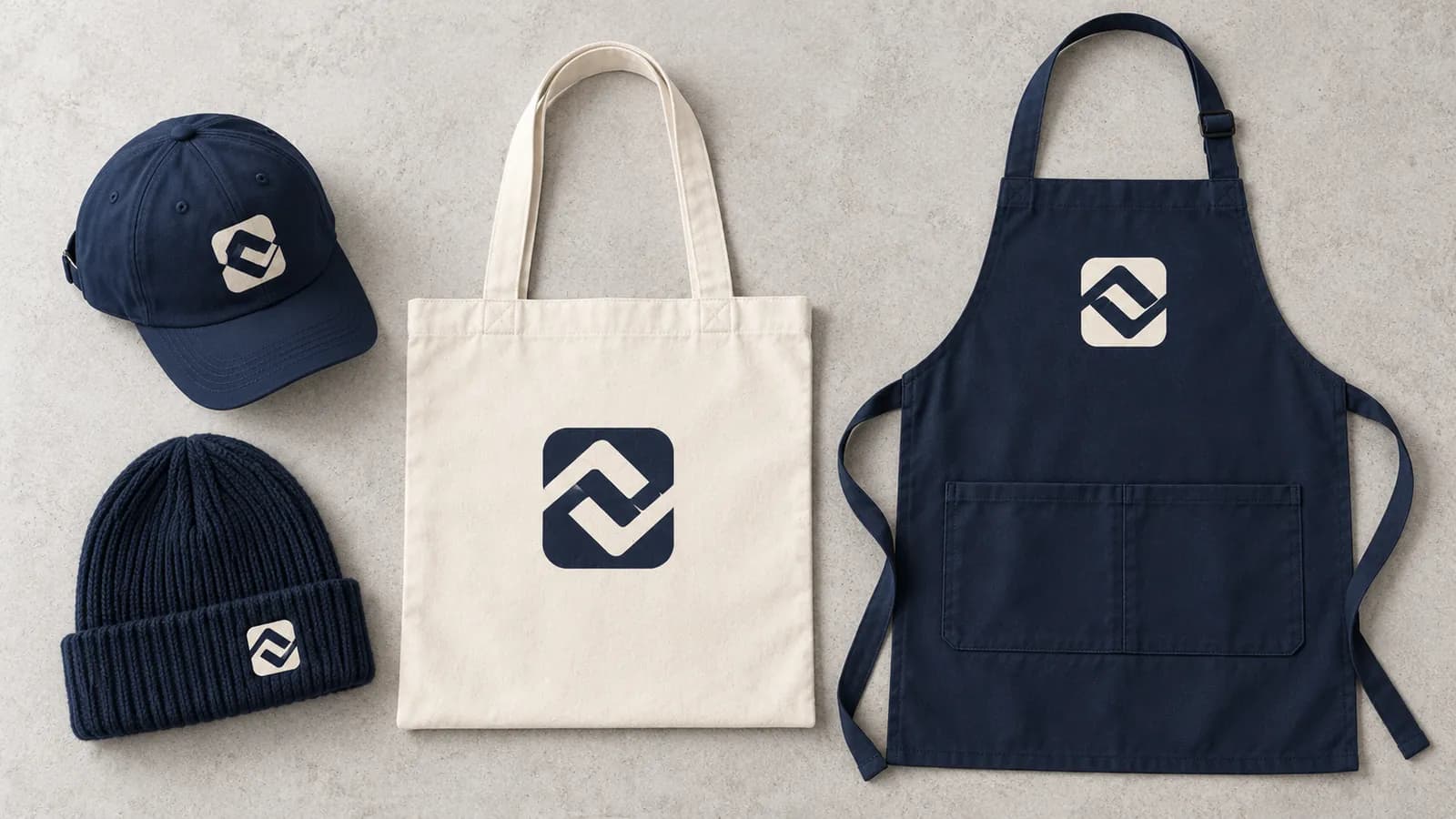 Branded accessories with a logo: baseball cap, beanie, cotton bag and apron