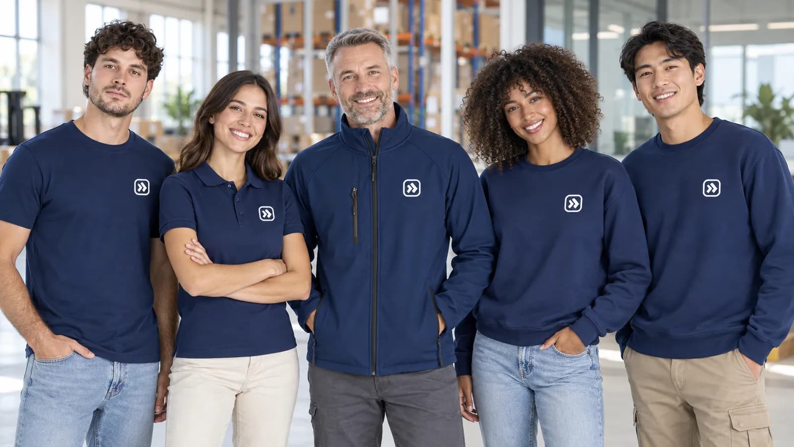 Team in navy branded clothing with a chest logo: T-shirt, polo, sweatshirt and softshell jacket