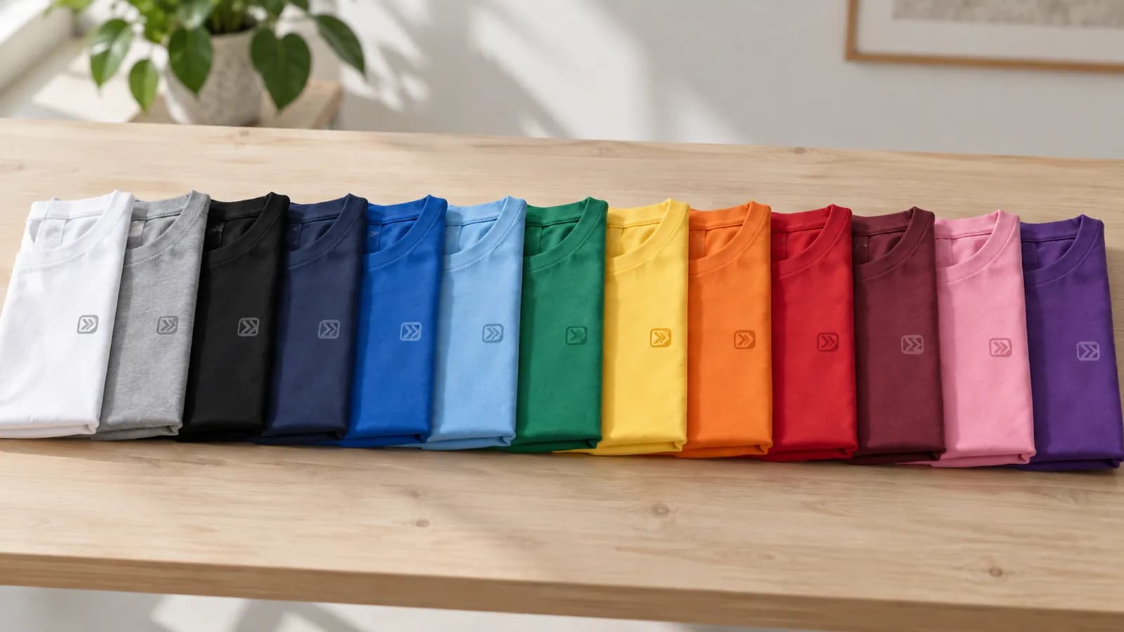 Folded cotton T-shirts in a dozen colours laid out in a row on a table