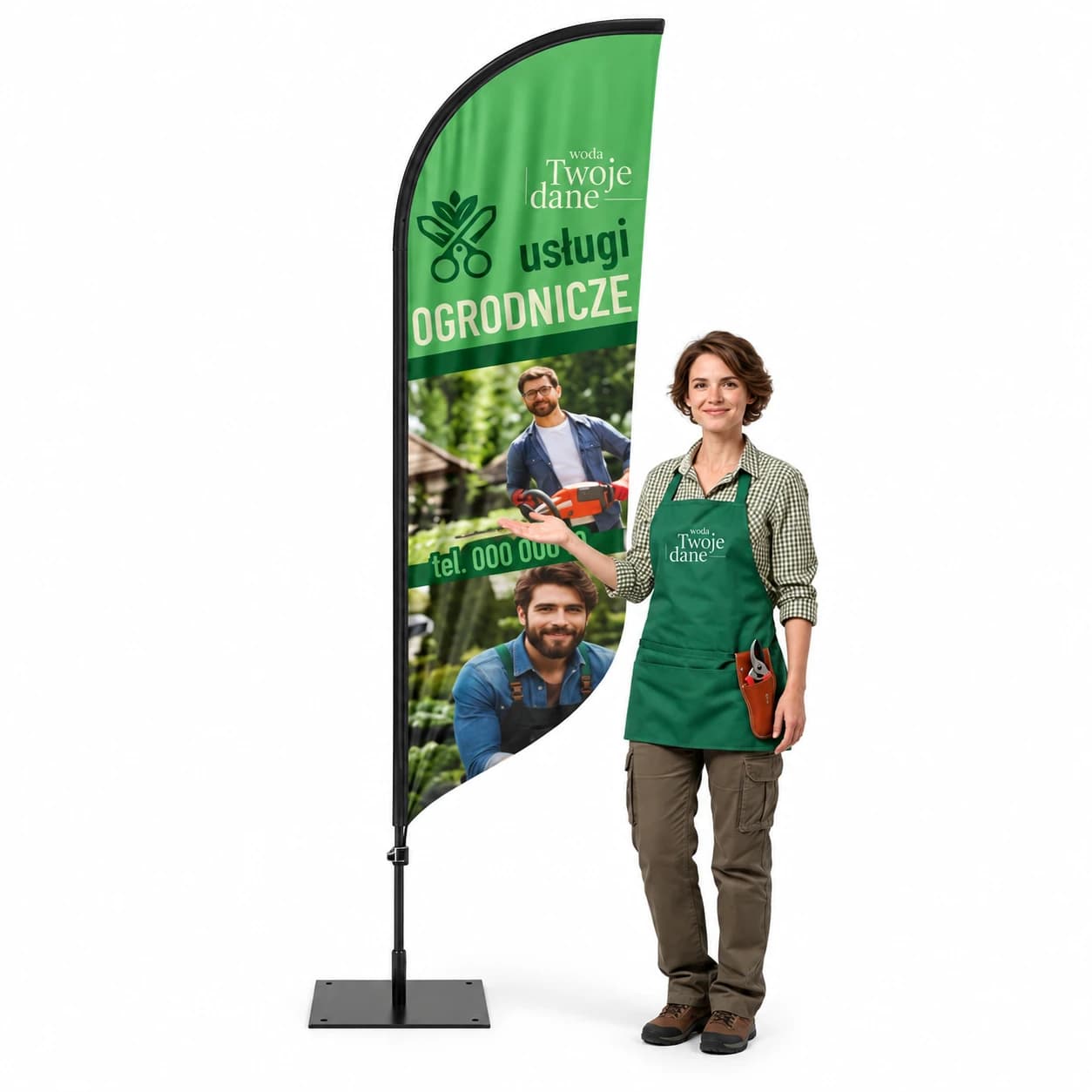 Werbefahne Winder – Gartenpflegedienste mit Mast – Muster 1 – konfigurierbares Set