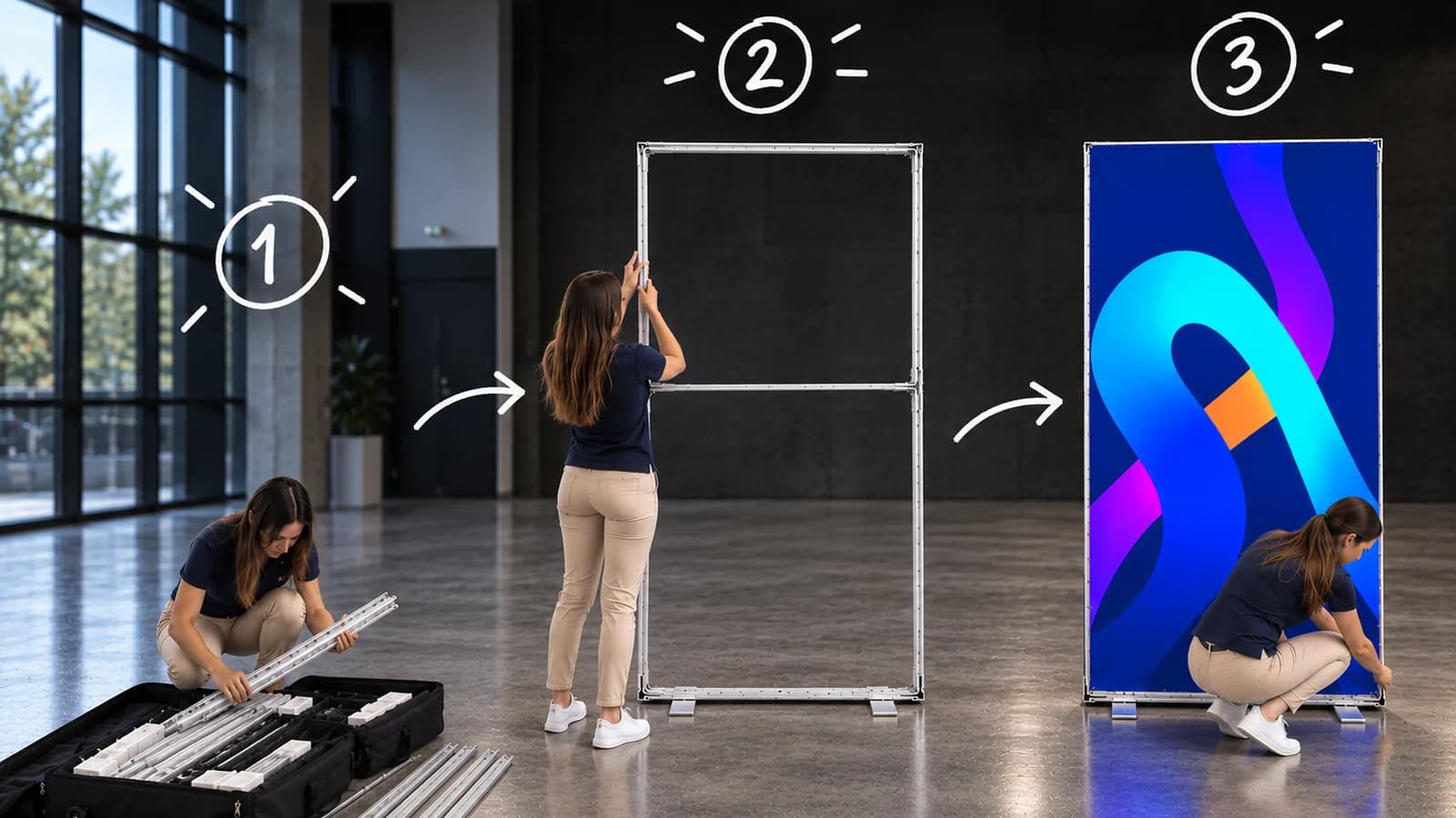 LED BOX wall assembly in three stages: profiles from the case, assembled frame with crossbar and the fitted backlit graphic