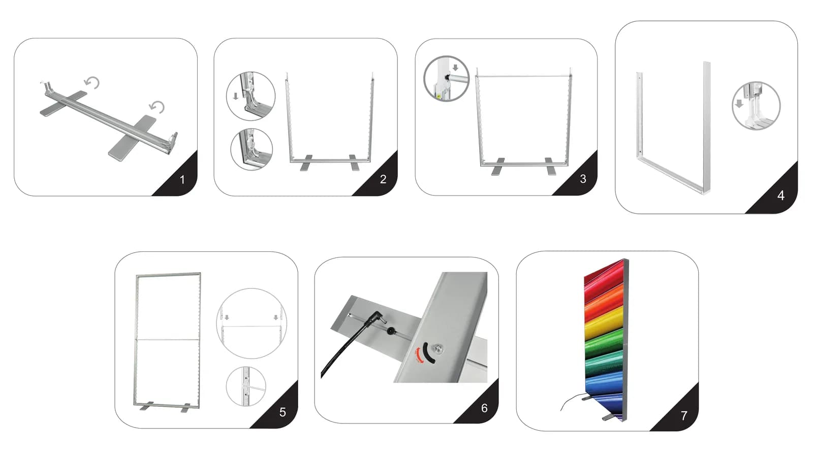 LED BOX assembly instruction drawings: turning the feet, lower frame, crossbar, upper frame, joining the frame, power supply and graphic