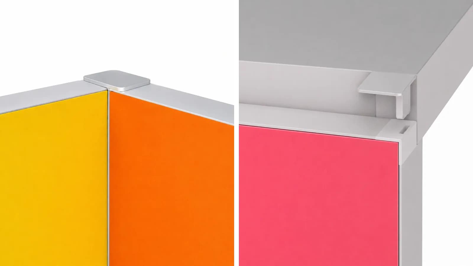Close-ups of a 90° connector at the corner of two walls and a roof connector joining the roof profile to the wall frame