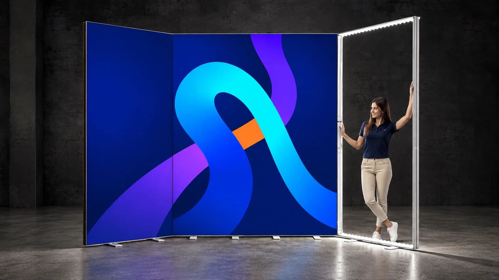 Build of joined LED BOX walls with one graphic motif next to a lit frame without fabric, with a woman standing in it