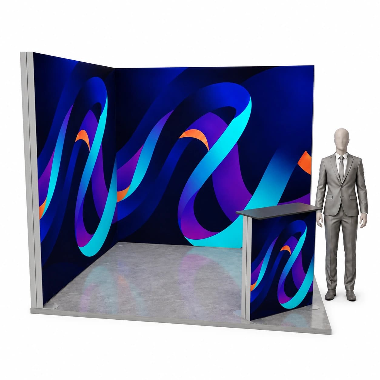 Messestand beleuchtet LED LUMIX 3x3 Eckstand - Set 9 m² mit Theke