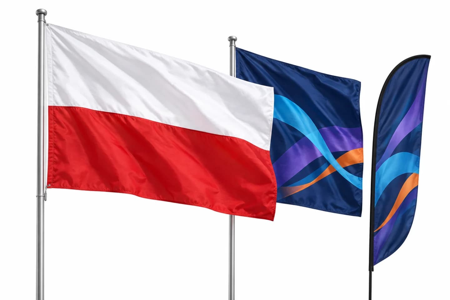 Weiß-rote polnische Flagge, Firmenfahne und Beachflag mit farbiger Grafik auf weißem Hintergrund