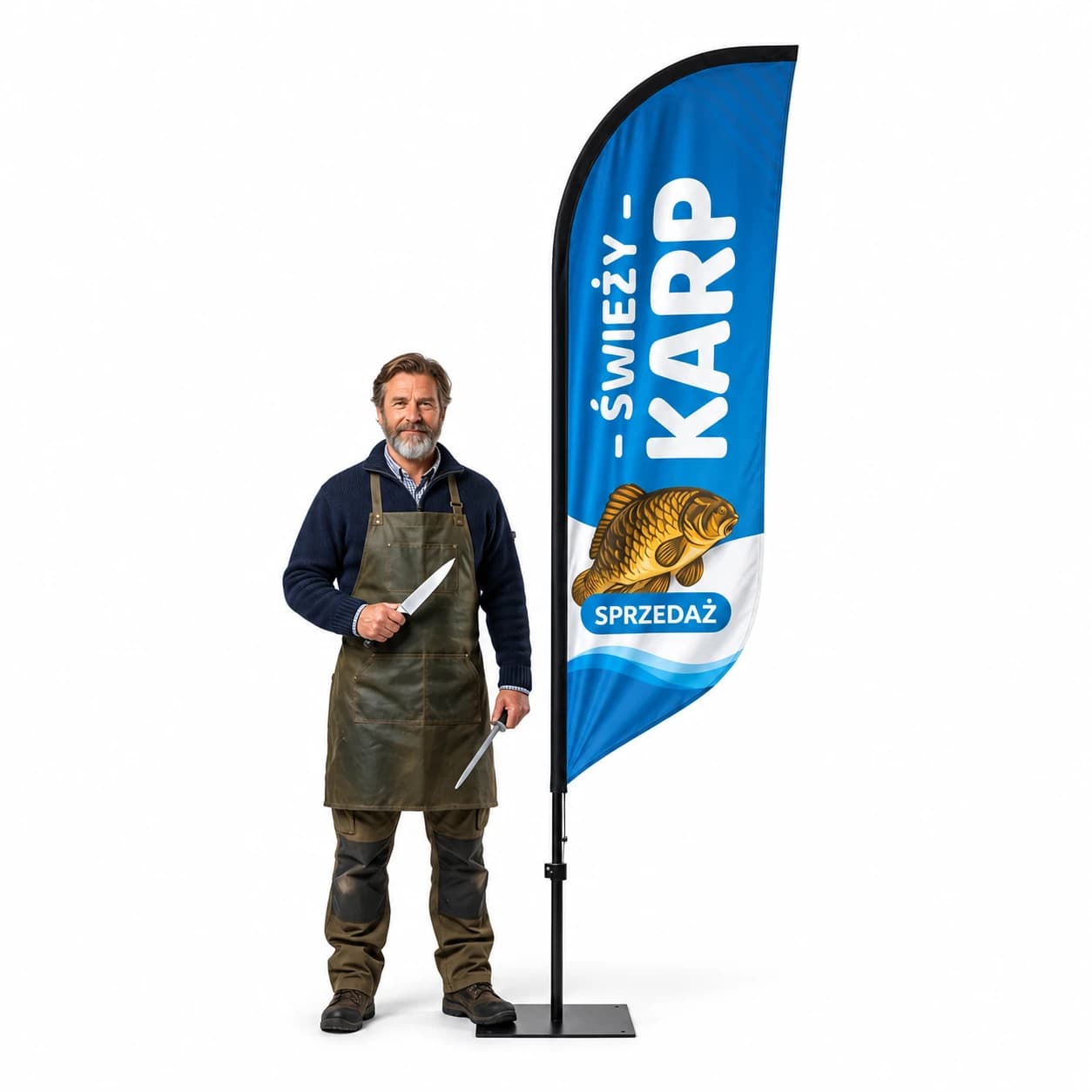 Werbefahne Winder – Lebender Karpfen Werbung – Muster 5 – konfigurierbares Set