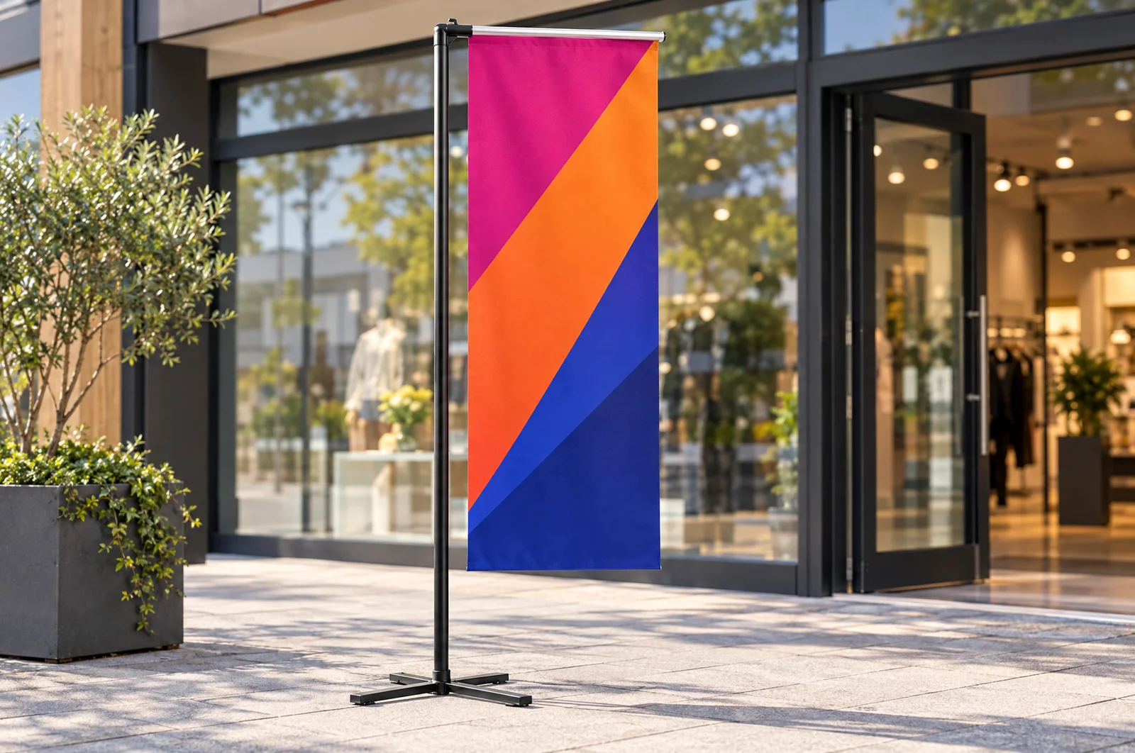 Visualisation: Beachflag H with a rectangular flag in front of a shop entrance