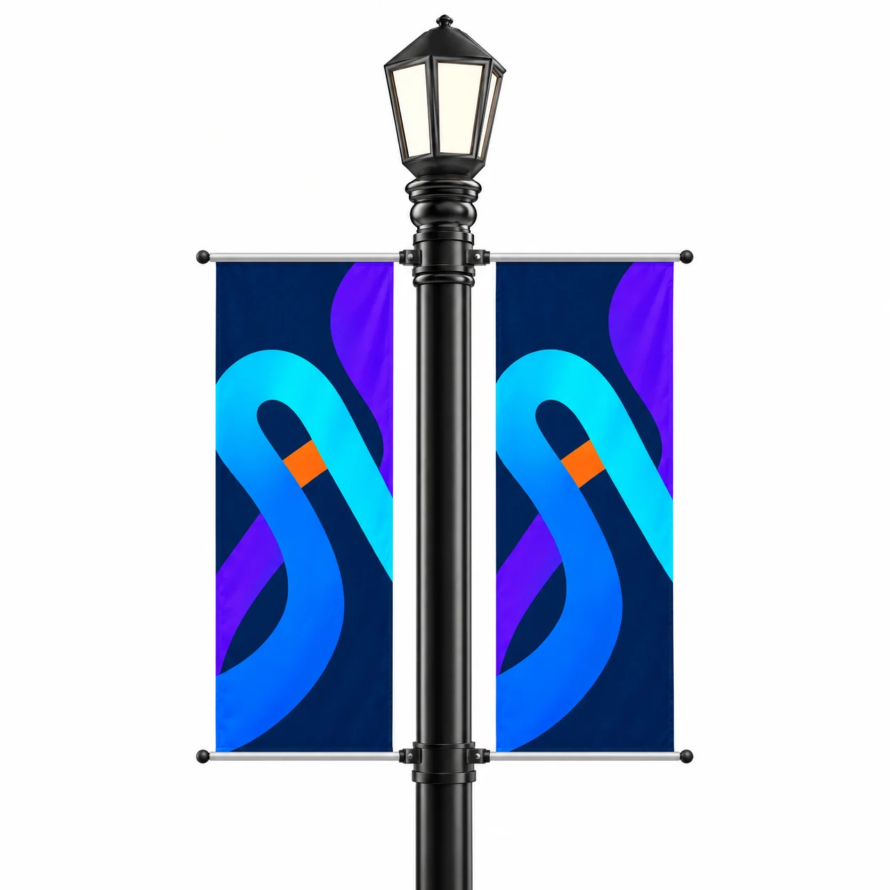 Street pole banner Avenue double with a flag on a lamp post