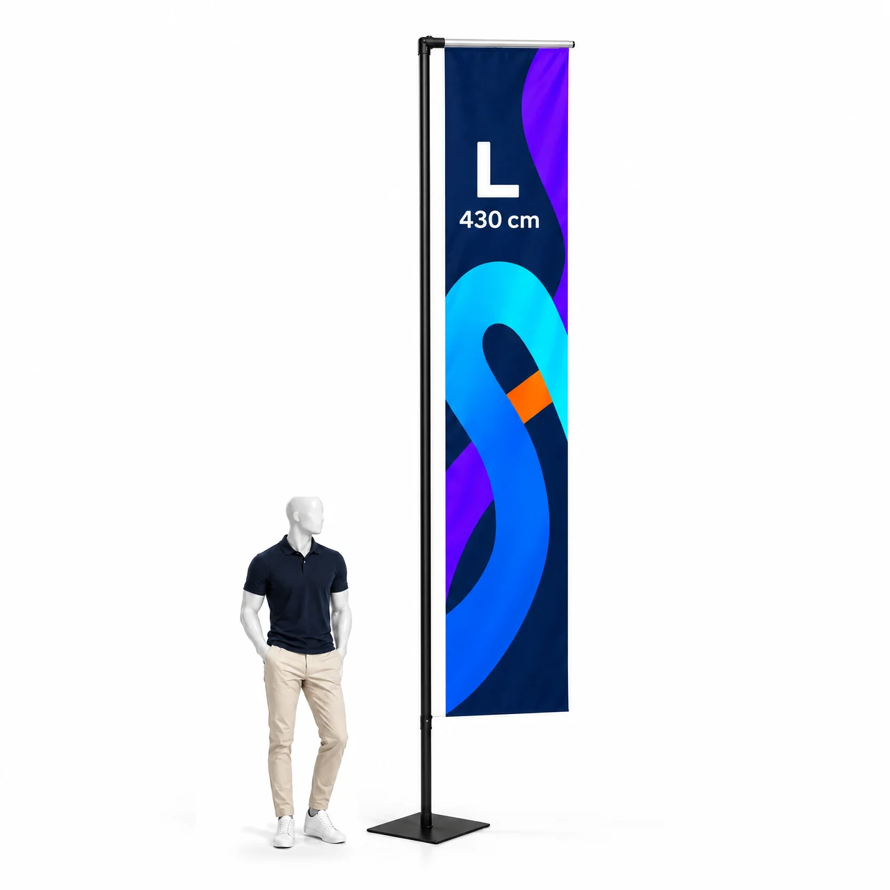 Beachflag H L 430 cm next to a mannequin for scale