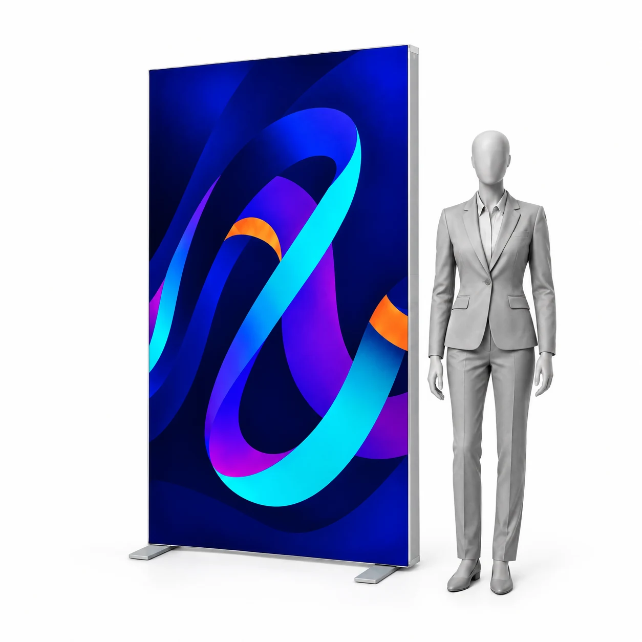 Leuchtwand LED BOX 2.0 100x200 cm mit Druck neben einer menschlichen Silhouette