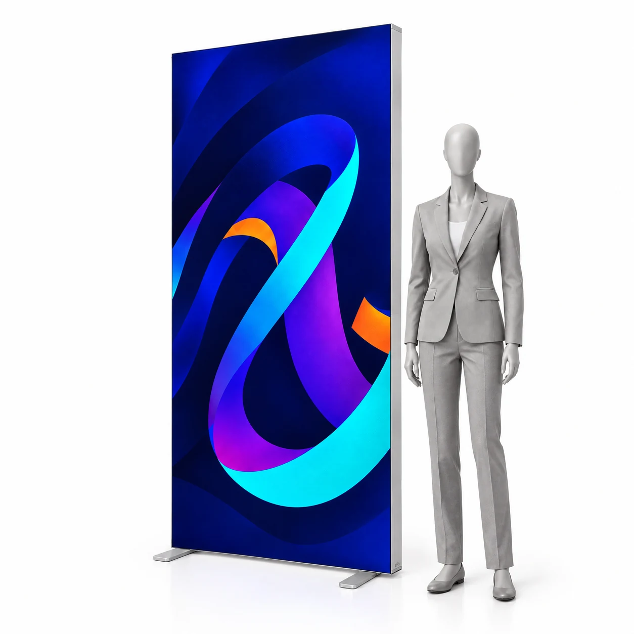 Leuchtwand LED BOX Compact 85x200 cm mit Druck neben einer menschlichen Silhouette