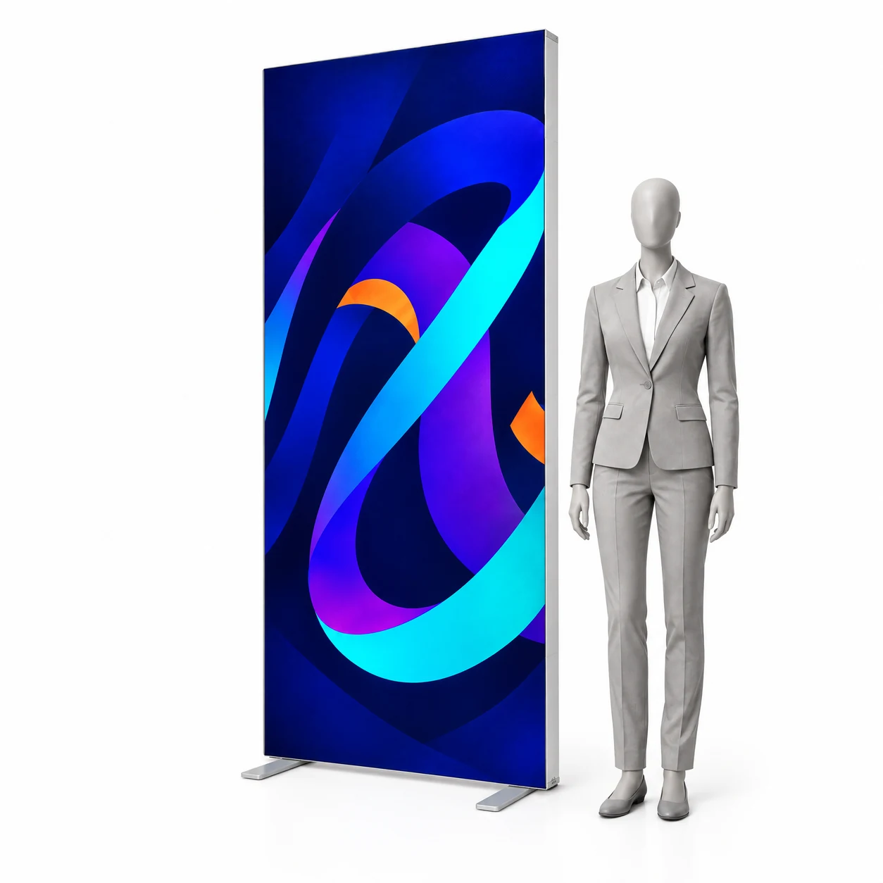 Leuchtwand LED BOX Compact 100x200 cm mit Druck neben einer menschlichen Silhouette
