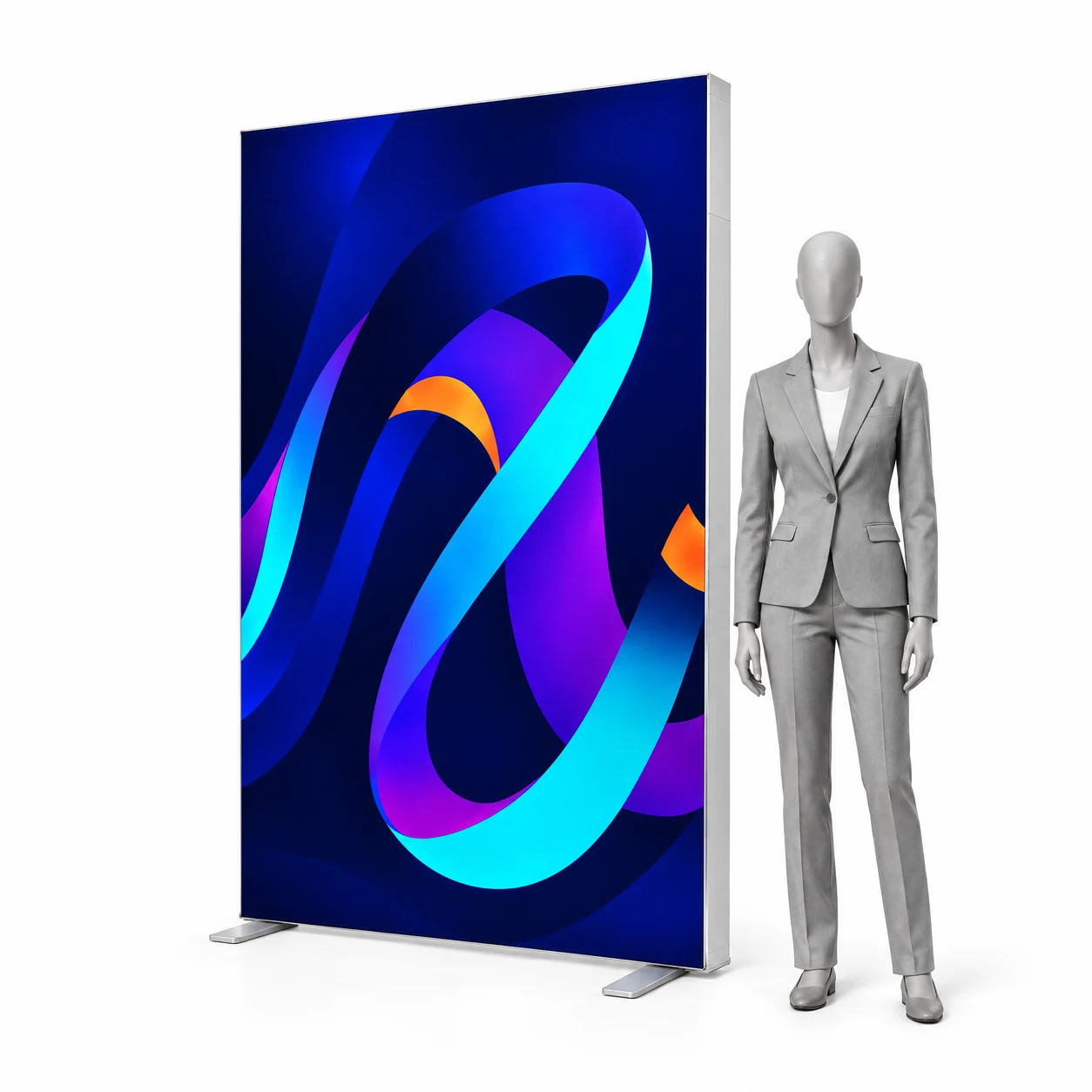 Leuchtwand LED BOX FLEX 100x200 cm mit Druck neben einer menschlichen Silhouette