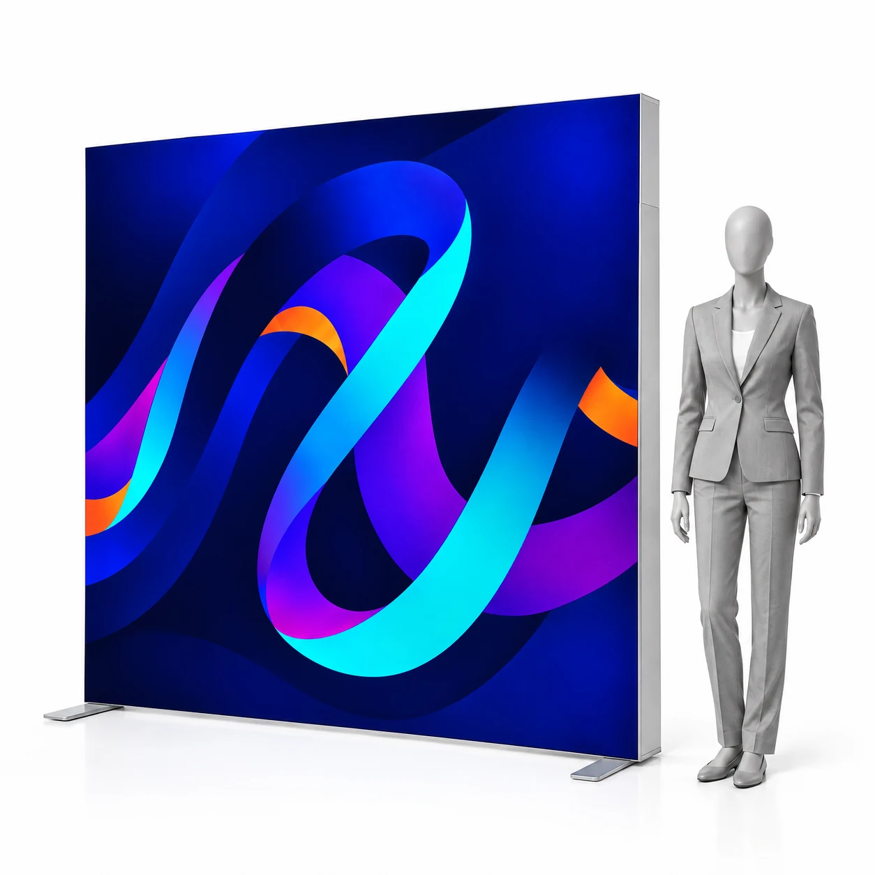 Leuchtwand LED BOX PLUS 200x200 cm mit Druck neben einer menschlichen Silhouette