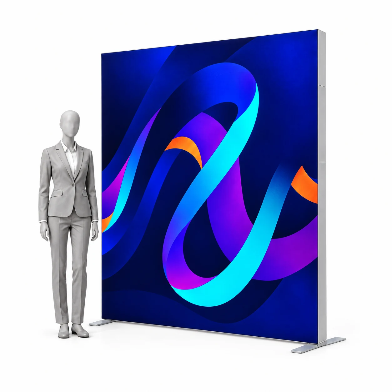 Leuchtwand LED BOX PLUS 200x240 cm mit Druck neben einer menschlichen Silhouette