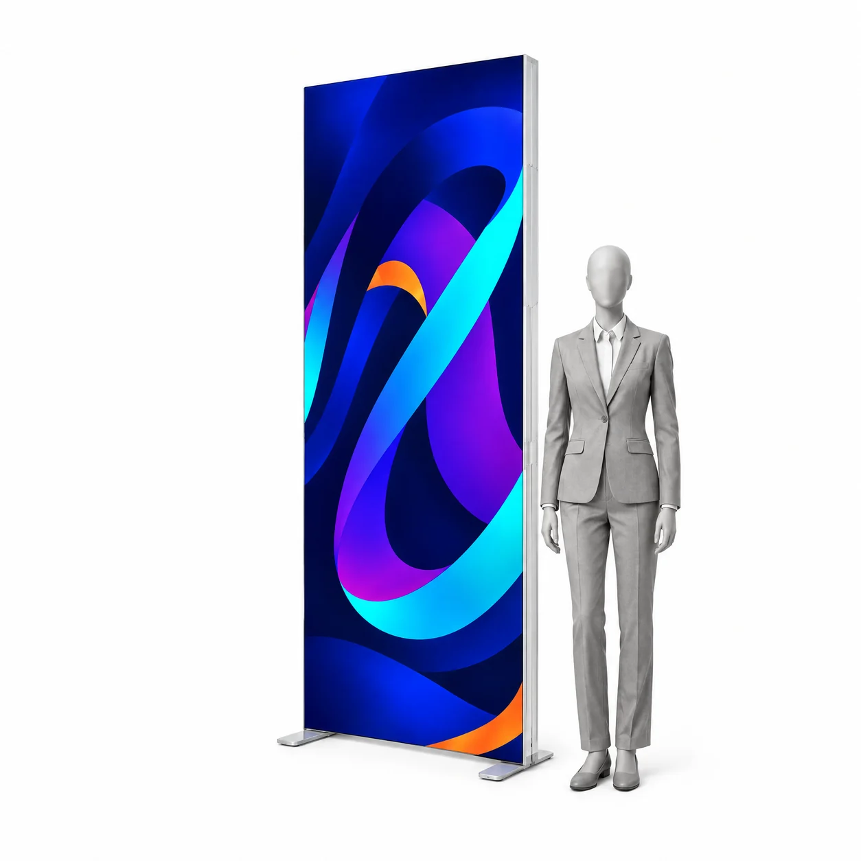 Leuchtwand LED BOX PRO 100x250 cm mit Druck neben einer menschlichen Silhouette