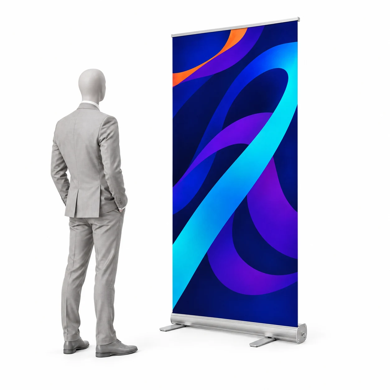 Roll-up Standard 85 × 200 cm mit Beispielgrafik neben einer menschlichen Silhouette