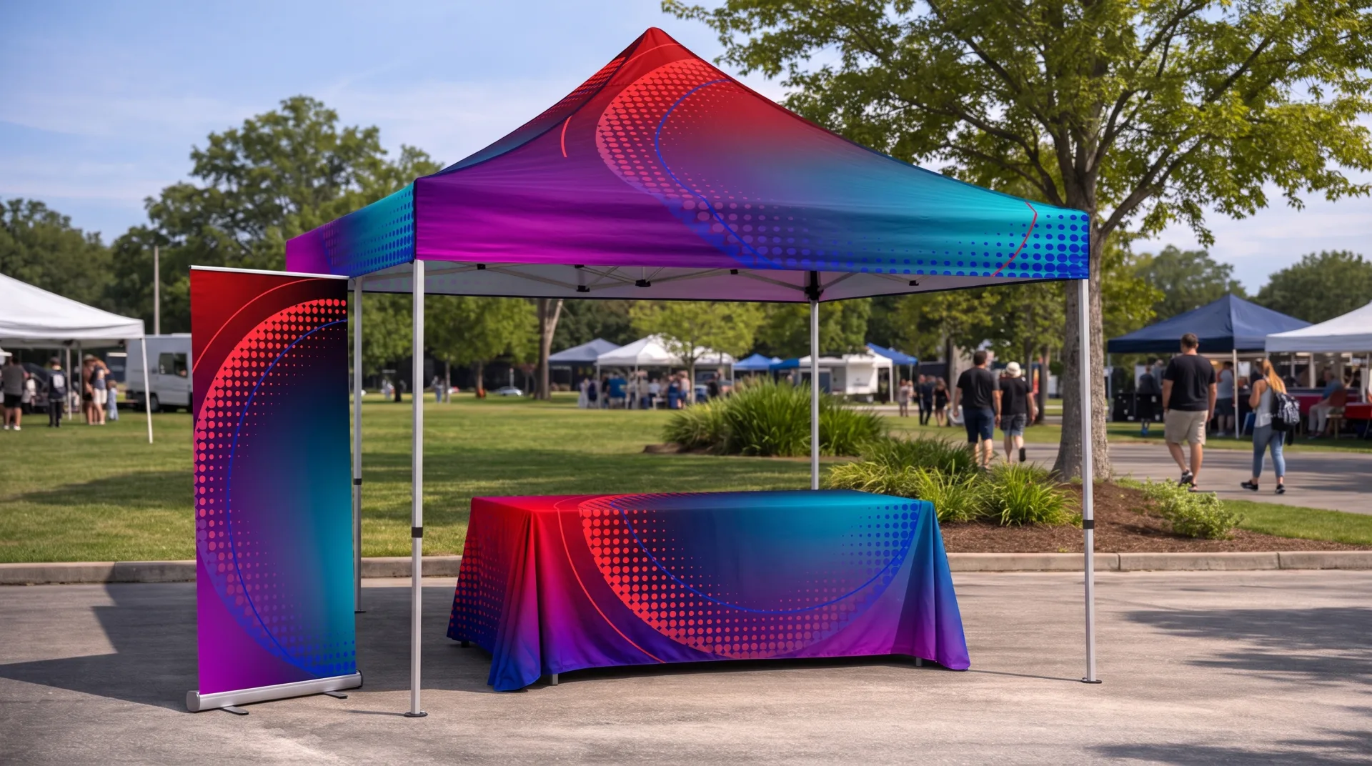 Vitasystem tent, flag and promotional counter at an event
